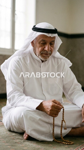 رجل كويتي في المسجد الكبير يحمل مسبحة صلاة