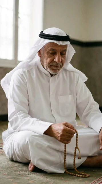 Elderly Kuwaiti Man at Grand Mosque with Prayer Beads