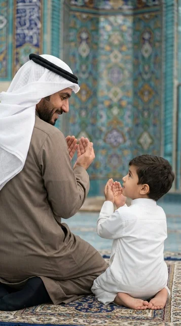 Kuwaiti Man and Child Praying at Grand Mosque Kuwait