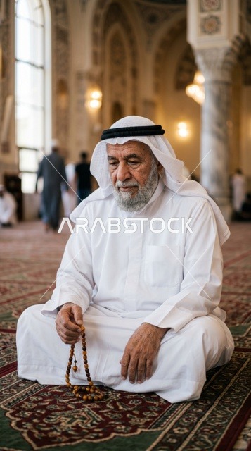 رجل كويتي مسن يصلي في المسجد الكبير بالكويت