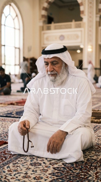 رجل كويتي مسن يصلي في المسجد الكبير