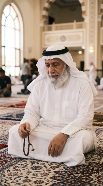 رجل كويتي مسن يصلي في المسجد الكبير