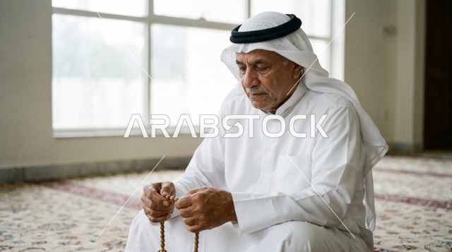رجل مسن يصلي بالمسبحة في المسجد الكبير بالكويت