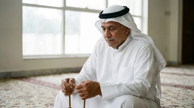 Elderly Man Praying with Beads at Grand Mosque Kuwait