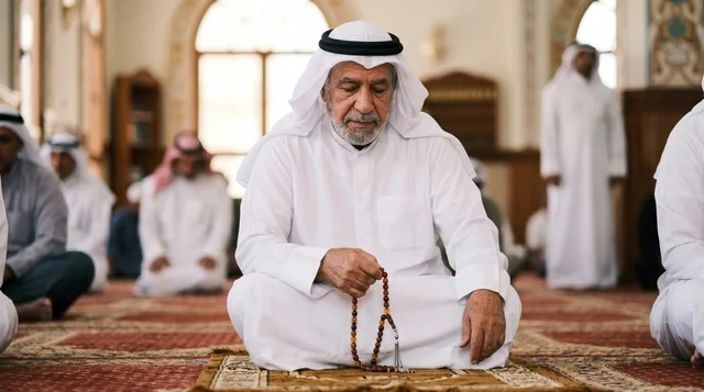 صلاة رجل مسن في المسجد الكبير بالكويت