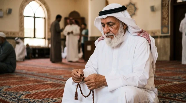 Elderly Man in Kuwait Grand Mosque During Eid Prayer