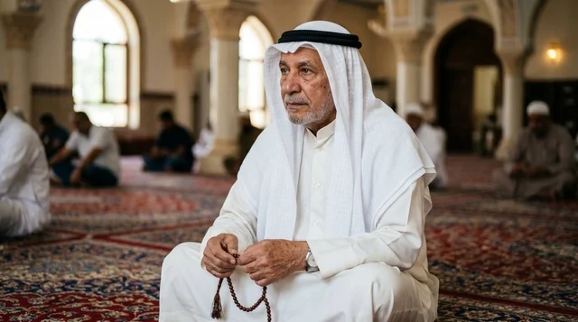 رجل كويتي مسن في المسجد الكبير في الكويت يحمل مسبحة
