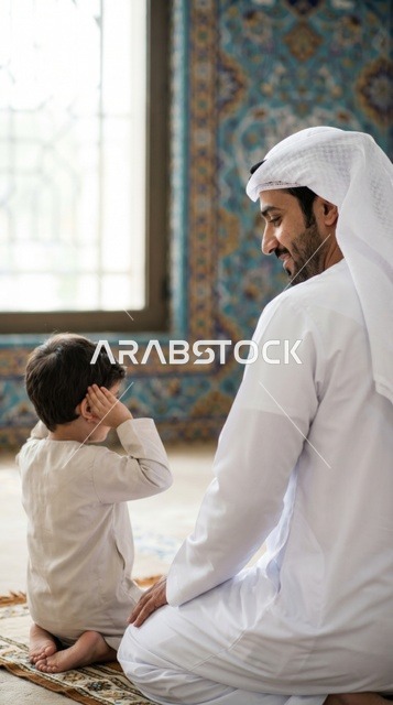 رجل وطفل يصليان في المسجد الكبير بدولة الكويت