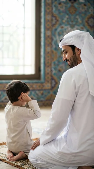 رجل وطفل يصليان في المسجد الكبير بدولة الكويت