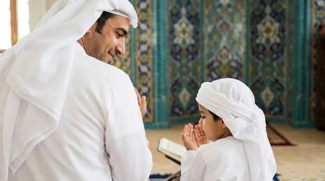 صلاة رجل وطفل بالزي الكويتي في المسجد الكبير