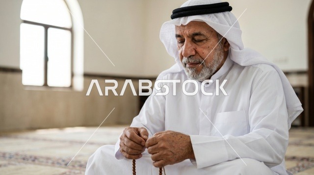 رجل كويتي في المسجد الكبير بالكويت مع مسبحة صلاة