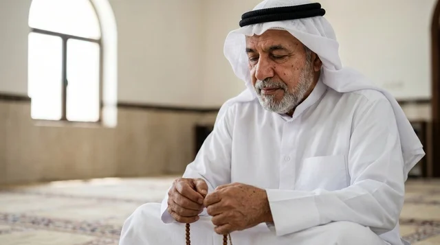 Elderly Kuwaiti Man at Grand Mosque Kuwait with Prayer Beads
