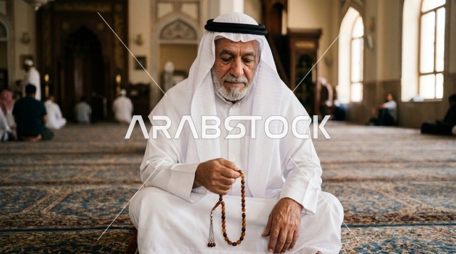 رجل كويتي مسن في المسجد الكبير ممسكاً بالمسبحة