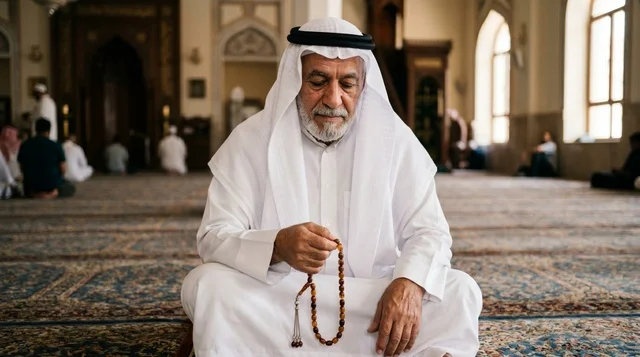رجل كويتي مسن في المسجد الكبير ممسكاً بالمسبحة
