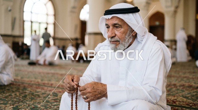رجل كويتي مسن في المسجد الكبير مع سبحة صلاة