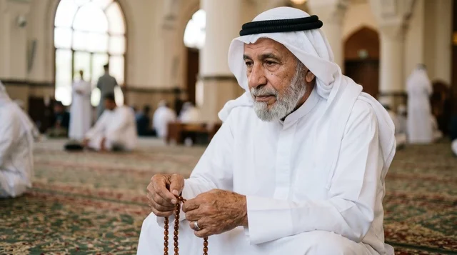 Elderly Kuwaiti Man at Grand Mosque with Prayer Beads