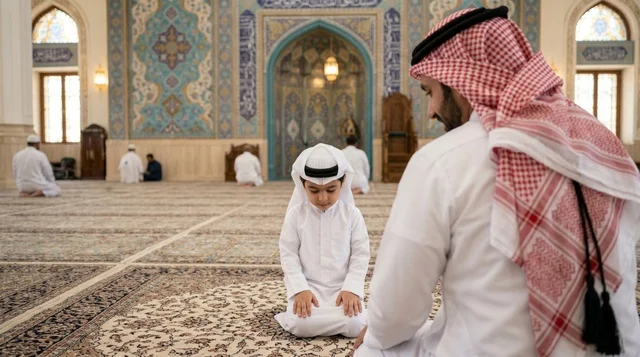 صلاة رجل وطفل في المسجد الكبير بالكويت