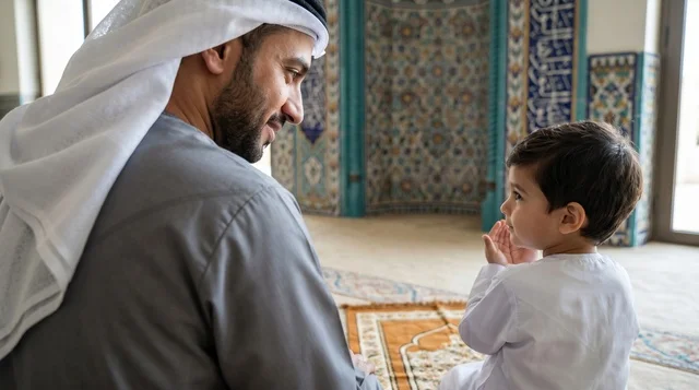 Kuwaiti Man and Child Praying at Grand Mosque
