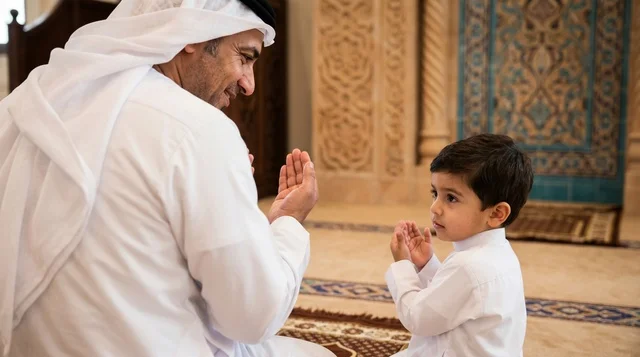 Kuwaiti Man and Child Praying at Grand Mosque Kuwait