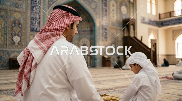 رجل وطفل في المسجد الكبير بالكويت وقت الصلاة