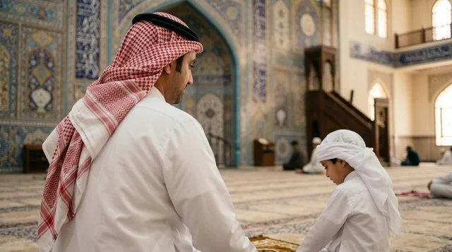 رجل وطفل في المسجد الكبير بالكويت وقت الصلاة