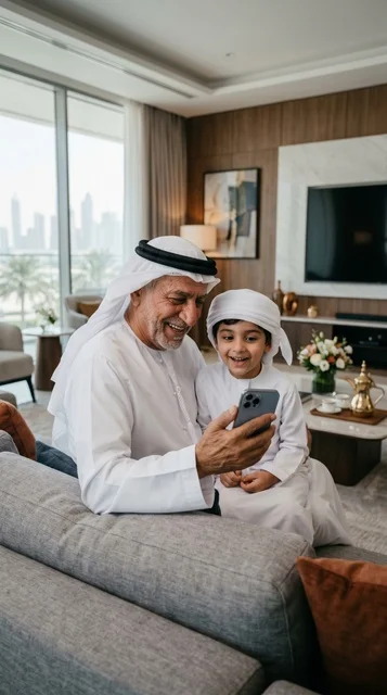 Emirati Grandfather Sending Digital Eidiya via Smartphone Emirati Grandfather Sending Digital Eidiya via Smartphone