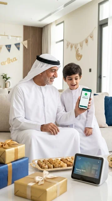 Emirati Grandfather Giving Digital Eidiya to Grandson