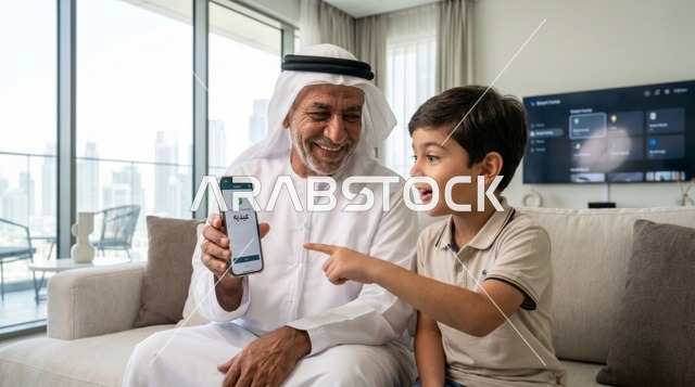جد إماراتي يعطي العيدية الرقمية عبر الهاتف الذكي