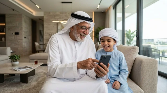 Emirati Grandfather Giving Digital Eidiya via Smartphone