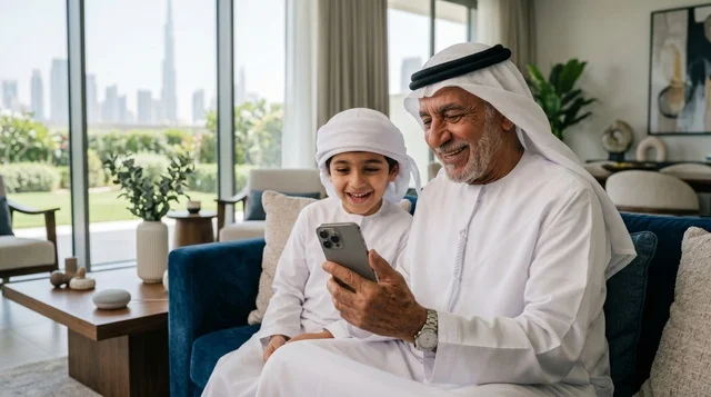 جد إماراتي يعطي حفيده العيدية إلكترونياً عبر الهاتف الذكي، تحويلات العيد الرقمية والتكنولوجيا.