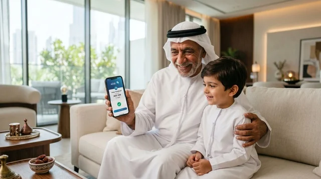 جد إماراتي يعطي حفيده العيدية إلكترونياً عبر الهاتف