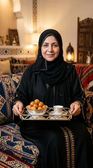 Emirati Woman Serving Luqaimat and Arabic Coffee Emirati Woman Serving Luqaimat and Arabic Coffee