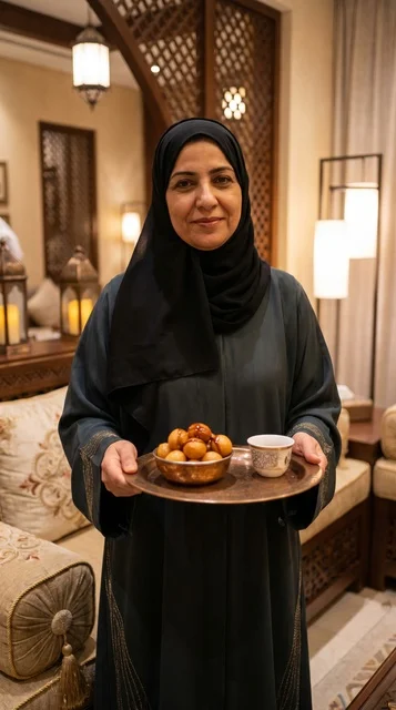Emirati Woman Serving Luqaimat and Arabic Coffee