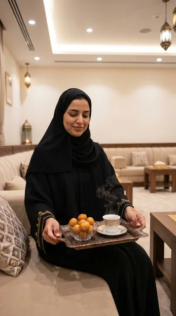 Emirati Woman Serving Arabic Coffee and Luqaimat