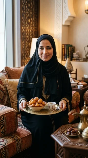 Emirati Woman Serving Luqaimat and Arabic Coffee