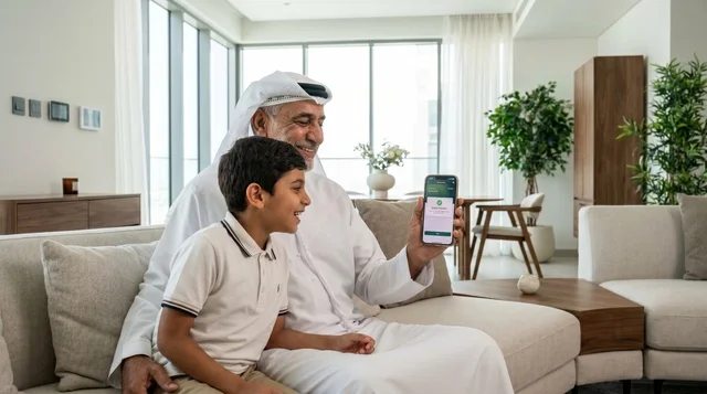 Emirati Grandfather Giving Digital Eidiya via Smartphone