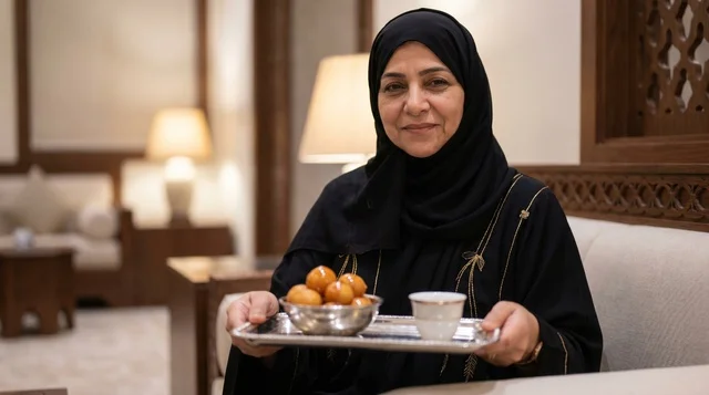 Emirati Woman Serving Luqaimat and Arabic Coffee