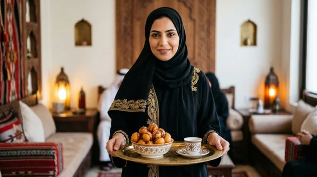 امرأة إماراتية تقدم اللقيمات والقهوة العربية في المجلس