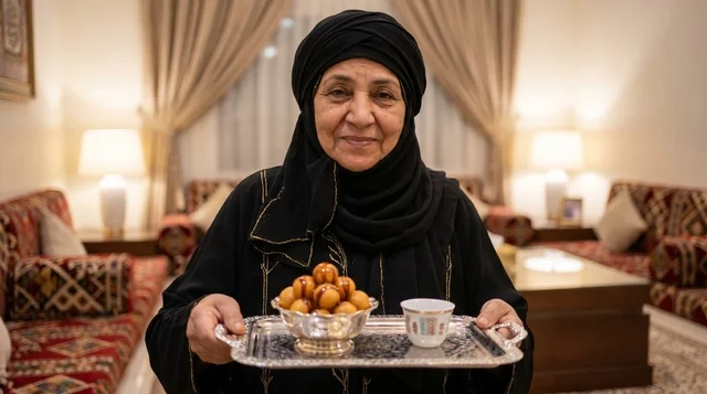 Emirati Woman Serving Luqaimat and Arabic Coffee