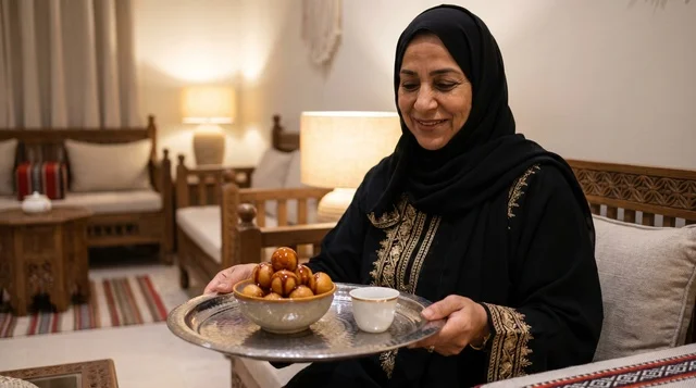 Emirati Woman Serving Luqaimat and Arabic Coffee