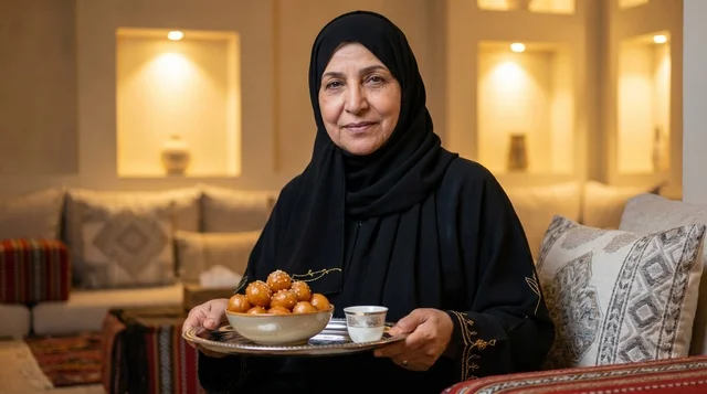 امرأة إماراتية تقدم اللقيمات والقهوة العربية في المجلس