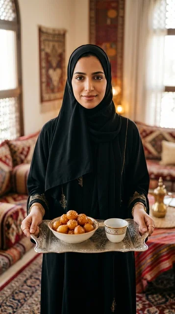 Emirati Woman Serving Luqaimat and Arabic Coffee