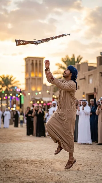 Emirati Man Performs Traditional Yola Dance at Sunset
