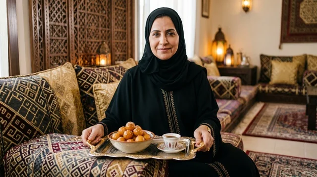 امرأة إماراتية تقدم اللقيمات والقهوة العربية في المجلس