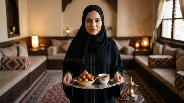 Emirati Woman with Luqaimat and Arabic Coffee in Majlis