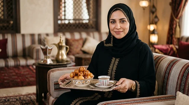 A veiled Emirati woman offers luqaimat (dumplings), Arabic coffee, and Eid al-Adha sweets as a treat.