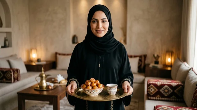 امرأة إماراتية تقدم اللقيمات والقهوة العربية في المجلس