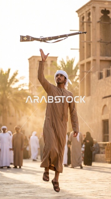 شاب إماراتي يؤدي رقصة اليولة التراثية بالسلاح