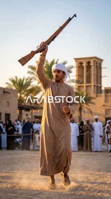 شاب إماراتي يؤدي رقصة اليولة التراثية في الإمارات