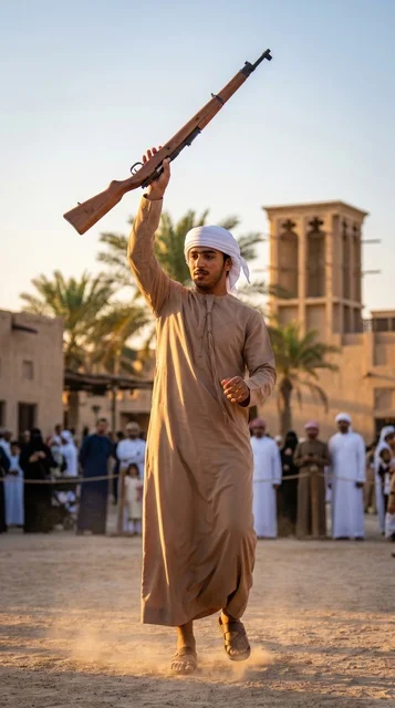 شاب إماراتي يؤدي رقصة اليولة التراثية في الإمارات